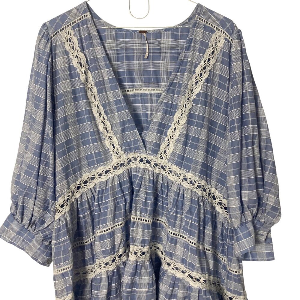 Free People Blue Plaid Tunic Womens Medium Boho Prairie Peasant Plaid Milkmaid - Picture 2 of 8